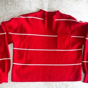 Women's Red Striped Turtleneck Sweater with Chest Pocket